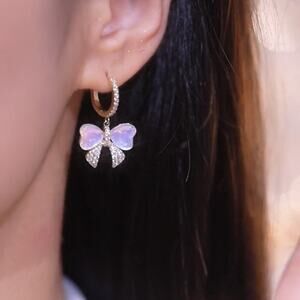 Bow Knot Drop Earrings Inlay Rhinestones Faux Moonstone Dangling Goldtone